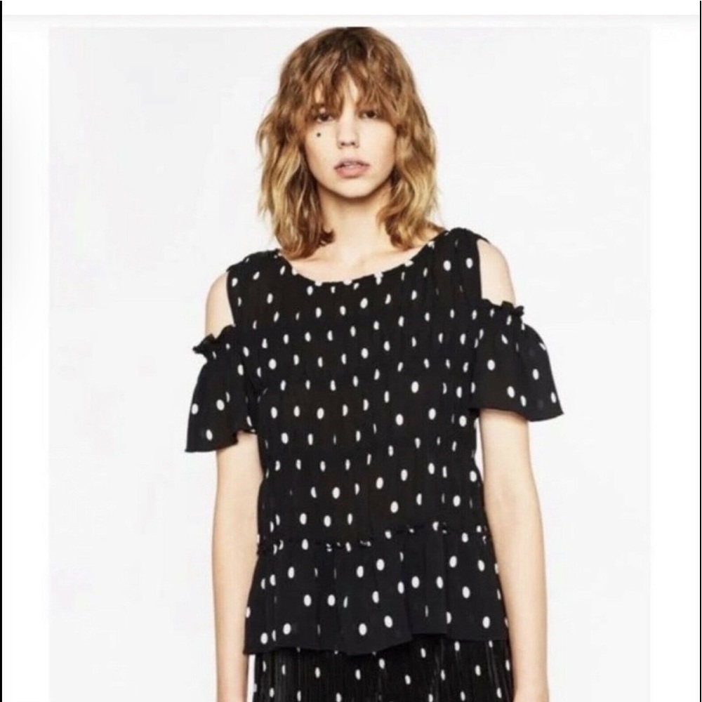 Zara basics polka dot smocked cold shoulder top